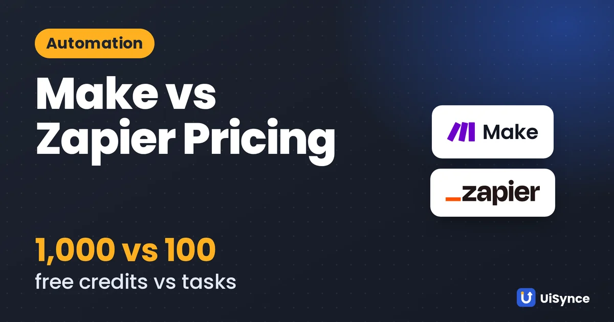 Make logo versus Zapier logo: 1,000 free credits vs 100 free tasks a month